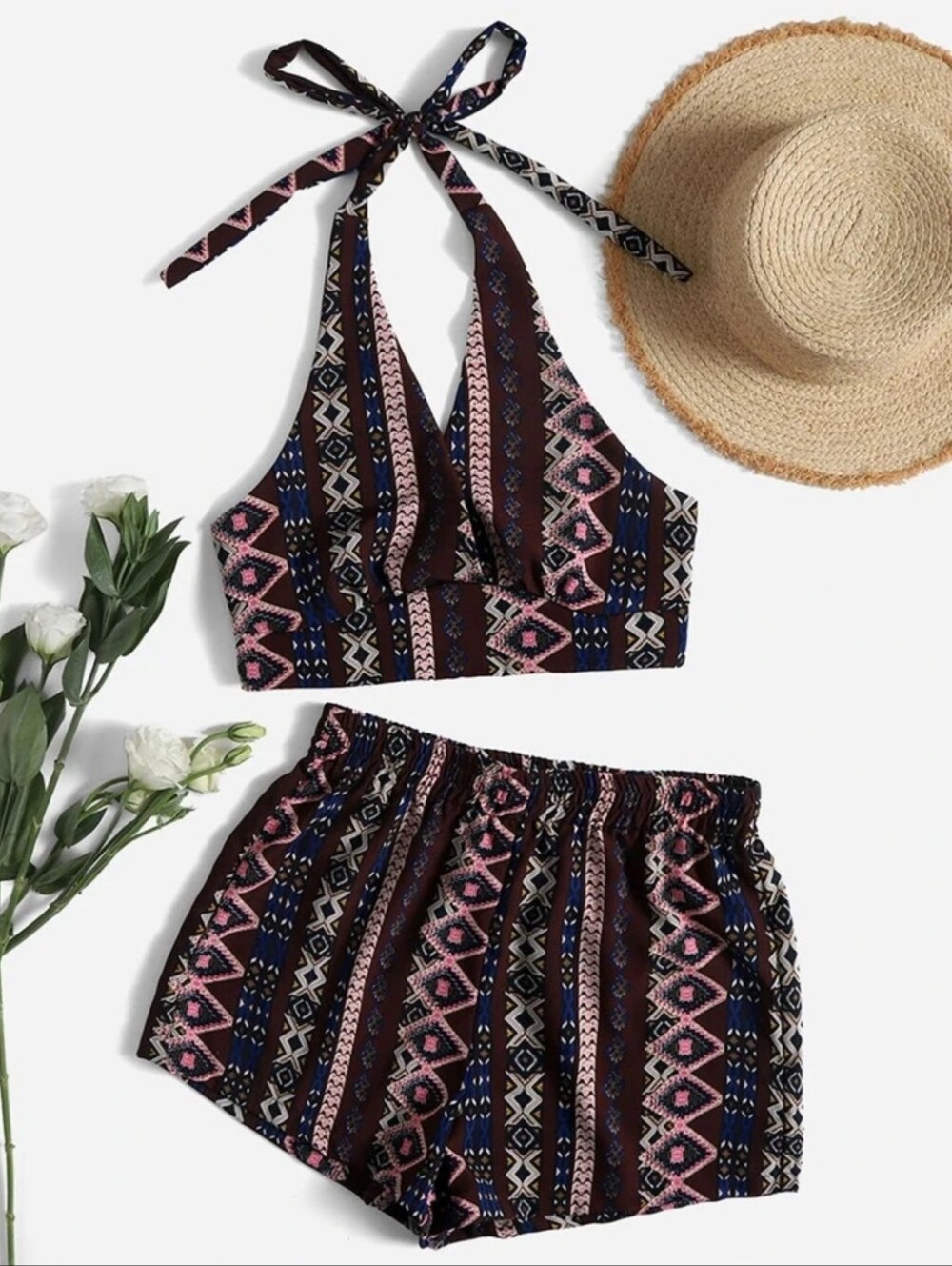 Boho Halter Crop Top & Shorts Set - Pink, Navy, Brown